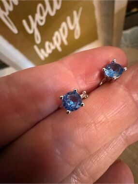 Sterling Silver Blue Zircon Round Solitaire Dainty Huggie Hoop Earrings